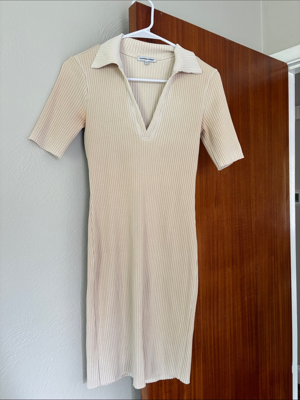 Cotton Citizen Cream Ribbed Polo V-Neck Dress